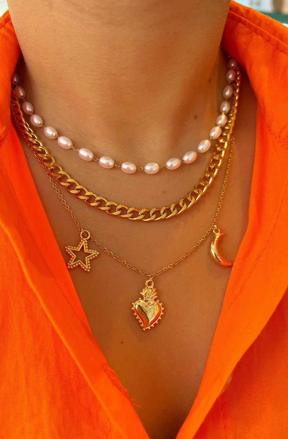 Triple Necklace with Pearls, Heart, Star, and Moon Charms