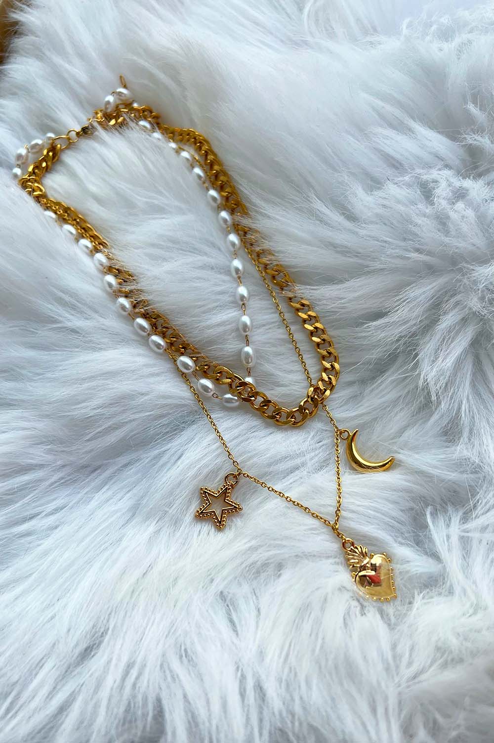 Triple Necklace with Pearls, Heart, Star, and Moon Charms
