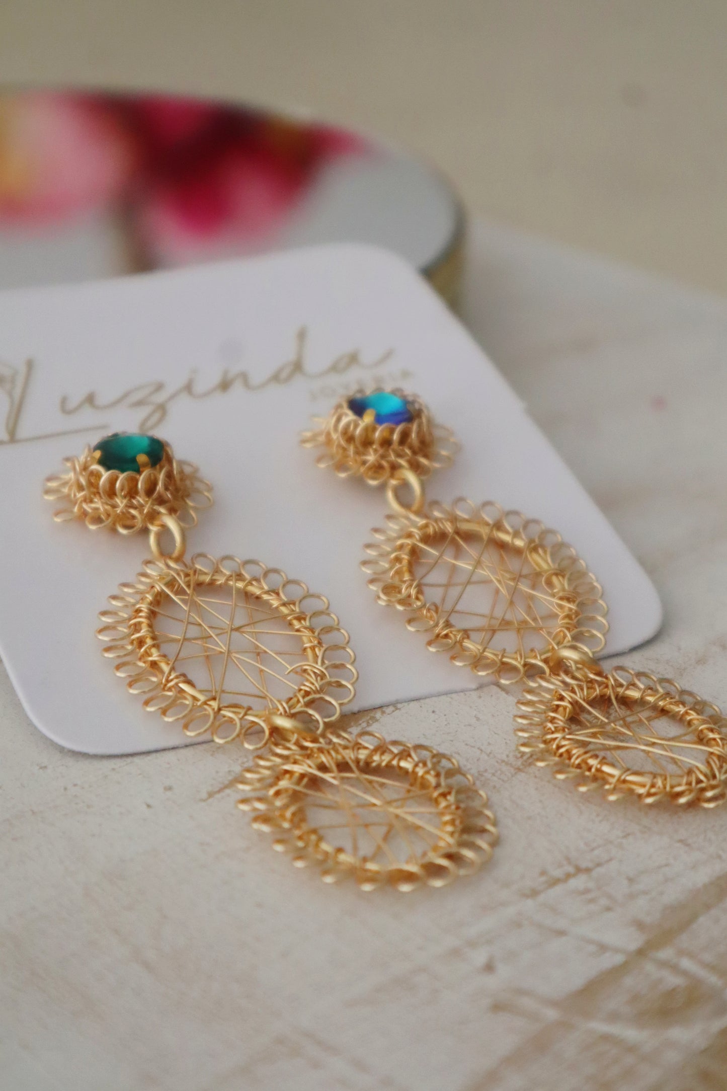 Long Dreamcatcher Earrings with Crystal Stud and Two Woven Modules