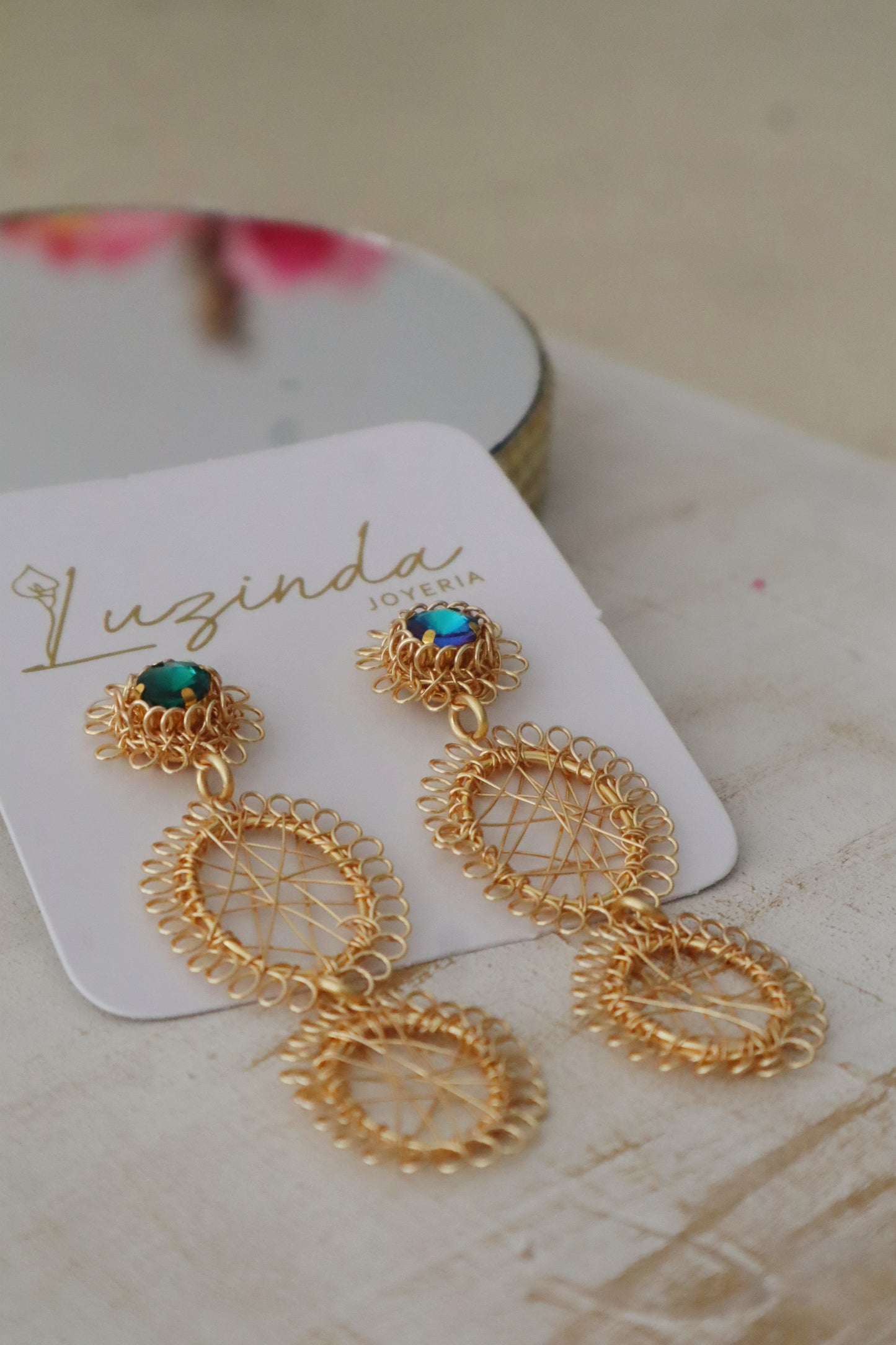 Long Dreamcatcher Earrings with Crystal Stud and Two Woven Modules